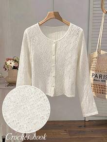 SHEIN MOD Women's Plus Size Solid Color Front Button Knit Cardigan,Back To School,Campus,Going Out Tops,Lightweight Early-Autumn Jacket,Apricot Fall - White - View 4