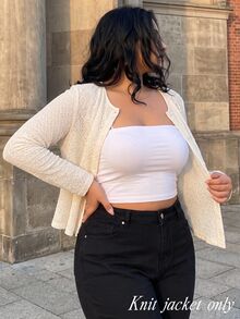 SHEIN MOD Women's Plus Size Solid Color Front Button Knit Cardigan,Back To School,Campus,Going Out Tops,Lightweight Early-Autumn Jacket,Apricot Fall - White - View 1