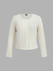SHEIN MOD Women's Plus Size Solid Color Front Button Knit Cardigan,Back To School,Campus,Going Out Tops,Lightweight Early-Autumn Jacket,Apricot Fall - White - View 8
