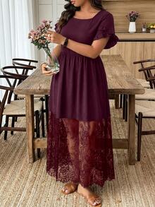 Weeklong Women's Plus Size Spring Summer Casual Elegant Minimalist Daily Vacation Wedding Guest Street Ruffle Short Sleeve Lace A-Line Dress Burgundy Elegant - Burgundy - View 5
