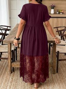 Weeklong Women's Plus Size Spring Summer Casual Elegant Minimalist Daily Vacation Wedding Guest Street Ruffle Short Sleeve Lace A-Line Dress Burgundy Elegant - Burgundy - View 2