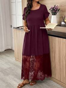 Weeklong Women's Plus Size Spring Summer Casual Elegant Minimalist Daily Vacation Wedding Guest Street Ruffle Short Sleeve Lace A-Line Dress Burgundy Elegant - Burgundy - View 3