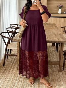 Weeklong Women's Plus Size Spring Summer Casual Elegant Minimalist Daily Vacation Wedding Guest Street Ruffle Short Sleeve Lace A-Line Dress Burgundy Elegant - Burgundy - View 1