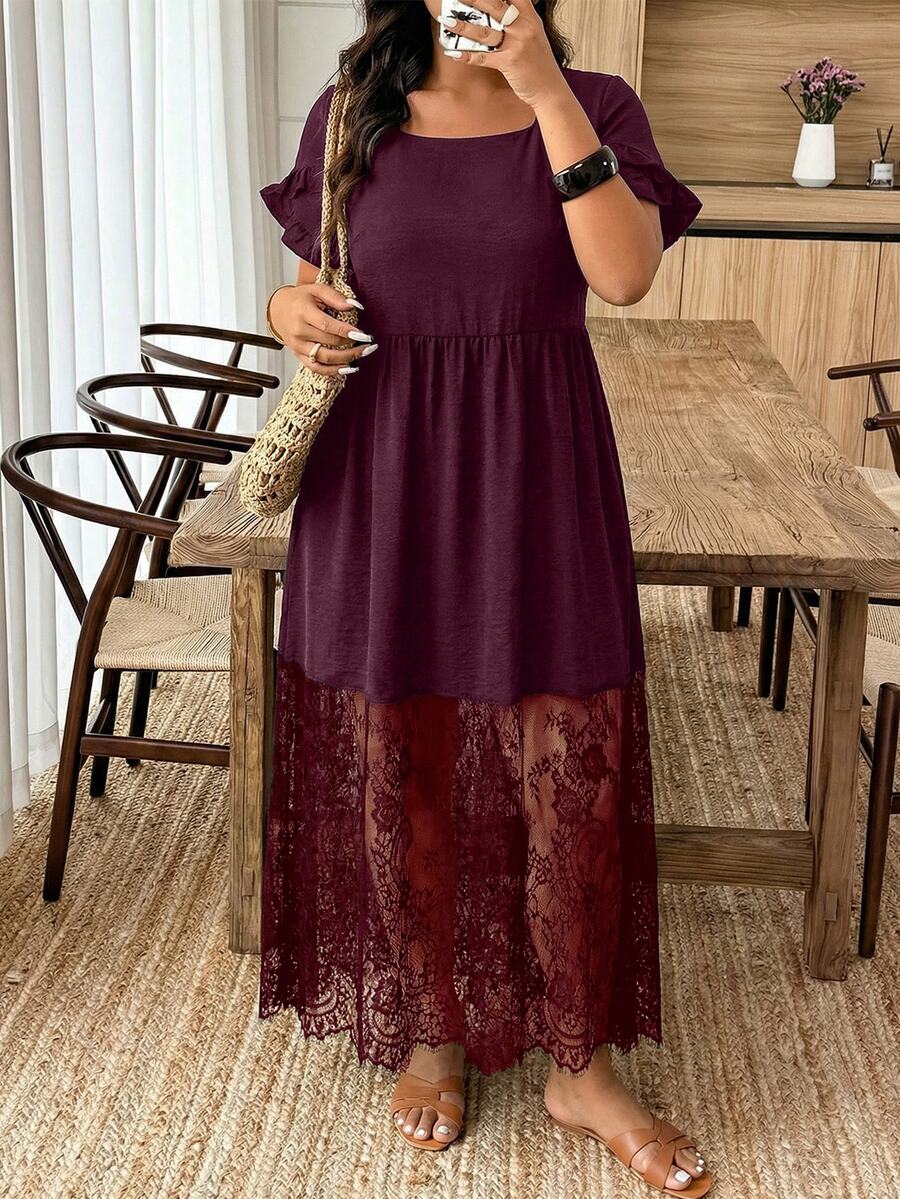 Weeklong Women's Plus Size Spring Summer Casual Elegant Minimalist Daily Vacation Wedding Guest Street Ruffle Short Sleeve Lace A-Line Dress Burgundy Elegant - Burgundy - View 1