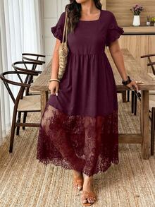 Weeklong Women's Plus Size Spring Summer Casual Elegant Minimalist Daily Vacation Wedding Guest Street Ruffle Short Sleeve Lace A-Line Dress Burgundy Elegant - Burgundy - View 4