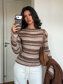 Aloruh 女款拼色修身百搭日常長袖針織衫，棕色條紋秋季復古休閒舒適毛衣，適合日常、夜晚、假日穿著，街頭風 - 彩色 - 查看 8