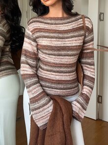 Aloruh 女款拼色修身百搭日常長袖針織衫，棕色條紋秋季復古休閒舒適毛衣，適合日常、夜晚、假日穿著，街頭風 - 彩色 - 查看 4