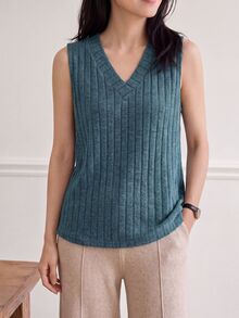 Yumoku Women's Solid Color V-Neck Ribbed Knit Tank Top For Summer Leisure,Casual - Teal Blue - View 6
