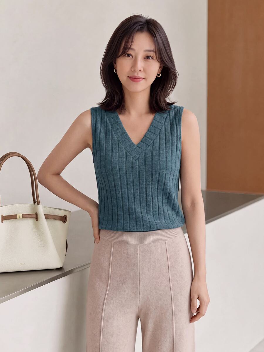 Yumoku Women's Solid Color V-Neck Ribbed Knit Tank Top For Summer Leisure,Casual - Teal Blue - View 1