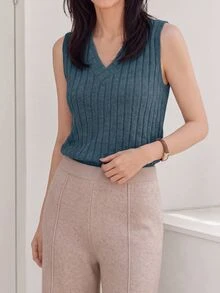 Yumoku Women's Solid Color V-Neck Ribbed Knit Tank Top For Summer Leisure,Casual - Teal Blue - View 5