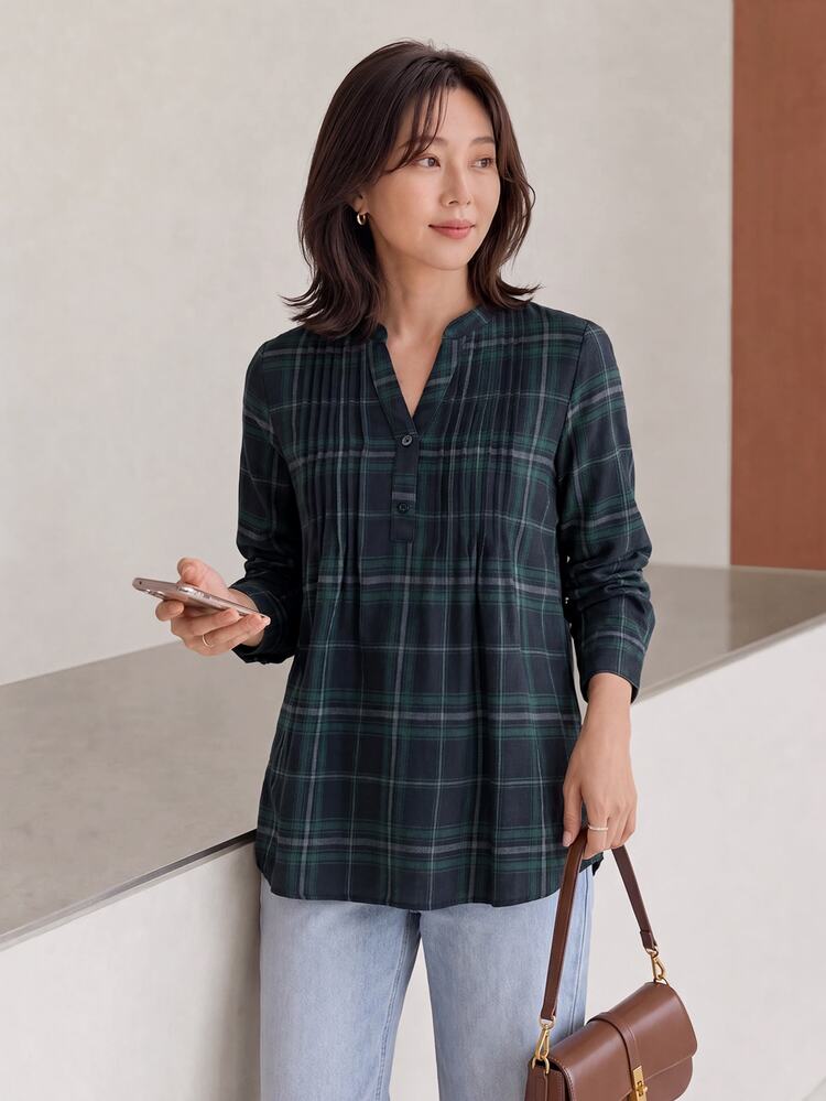 EMERY ROSE Ladies' Plaid Pleated Shirt - Dark Green - View 1