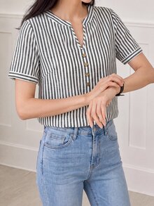 Yumoku 女款夏季休閒黑白條紋襯衫，鈕扣裝飾缺口領，適合旅行 - 黑色 - 查看 3