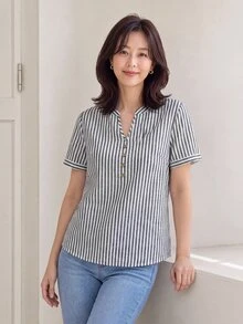 Yumoku 女款夏季休閒黑白條紋襯衫，鈕扣裝飾缺口領，適合旅行 - 黑色 - 查看 5
