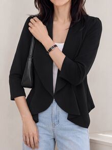 Yumoku Solid Open Front Blazer In Fall/Winter,Casual - Black - View 5