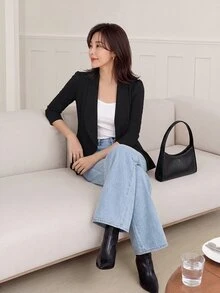 Yumoku Solid Open Front Blazer In Fall/Winter,Casual - Black - View 3
