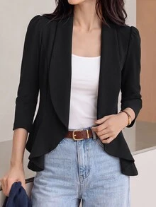 Yumoku Solid Open Front Blazer In Fall/Winter,Casual - Black - View 1