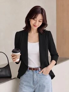 Yumoku Solid Open Front Blazer In Fall/Winter,Casual - Black - View 6
