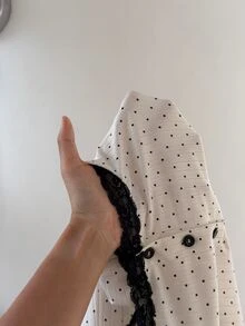 ZzzCrew Women's New Ribbed Polka Dot Print Sweet Lace Trim Button Long Sleeve Short Leg Slim Fit One-Piece Pajamas, Autumn/Winter Clothing - White - View 6