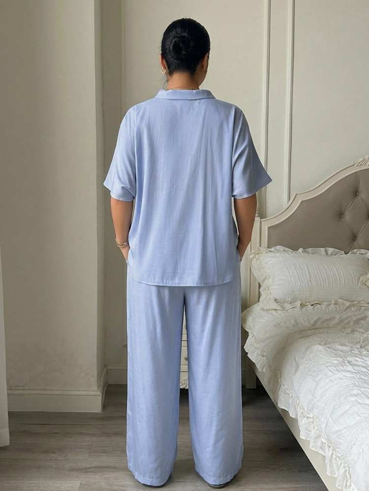 Dazy Plus Solid Color Casual Loose Pajama Top Short Sleeve Satin Fabric Elastic Waist Shorts Spring Summer Plus Size Women Blue Pajama Set - Blue - View 2