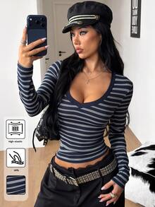 Coolane 女款秋冬街頭風休閒優雅商務休閒性感極簡條紋拼接修身海軍藍長袖T恤 - 藏蓝色 - 查看 1