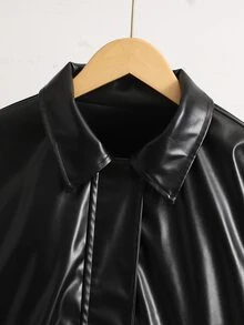 SHEIN جاكيت صوف طويل الأكمام للبنات المراهقات، موضة الخريف، متعدد الاستخدامات، لون موحد، للعطلات، كاجوال، الشتاء - الأسود - مشاهدة 4