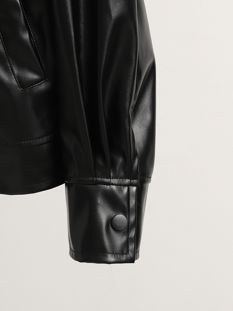 SHEIN 青少年女孩長袖抓絨外套，秋季時尚百搭純色夾克，適合假期、休閒、冬季穿著 - 黑色 - 查看 2