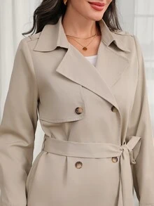Medorina Intage Nomadic 女款高領收腰鈕扣式風衣，附腰帶，秋冬女裝外套夾克 - 卡其色 - 查看 3