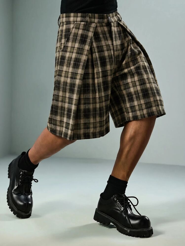 ROMWE MEN Street Life Men's Plaid Pleated Casual Versatile Daily Wear Shorts - Army Green - View 3