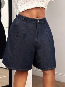 Slaydiva Plus Size Women's Outdoor Fashion Pleated Blue Denim Shorts, Spring/Summer - Dark Wash - View 5