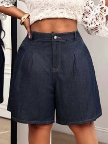 Slaydiva Plus Size Women's Outdoor Fashion Pleated Blue Denim Shorts, Spring/Summer - Dark Wash - View 4