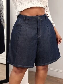 Slaydiva Plus Size Women's Outdoor Fashion Pleated Blue Denim Shorts, Spring/Summer - Dark Wash - View 3