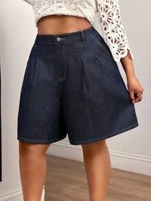Slaydiva Plus Size Women's Outdoor Fashion Pleated Blue Denim Shorts, Spring/Summer - Dark Wash - View 6