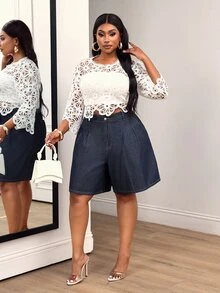 Slaydiva Plus Size Women's Outdoor Fashion Pleated Blue Denim Shorts, Spring/Summer - Dark Wash - View 7