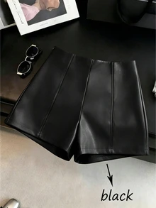 GlowEve CURVE Plus Size Women's Solid Color PU Leather Fashion Versatile Daily Casual Shorts - Black - View 1