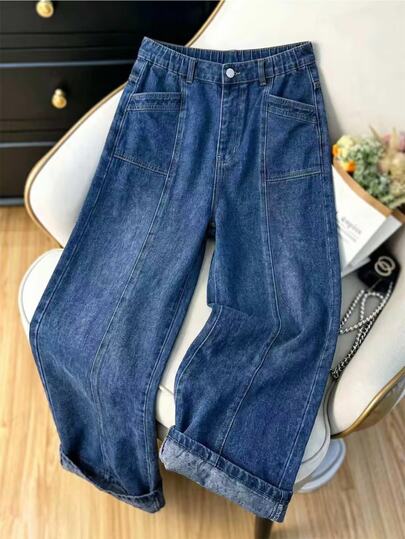 SHEIN Quần jean ống rộng dáng rộng phong cách Y2K đường phố casual cho teen, denim wash màu xanh navy đậm, mặc mùa hè thu đông, đi học trở lại, mùa tốt nghiệp, 100% cotton thoải mái, phù hợp mặc hàng ngày, đi học, đại học, phong cách đi du lịch