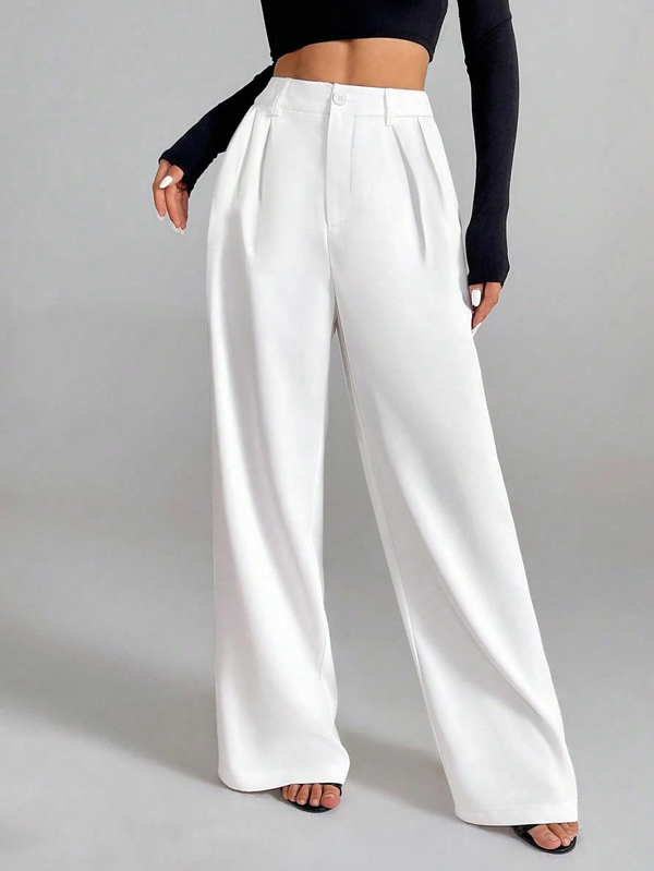 Elenzga Pantalones de traje de unicolor de corte ajustado y favorecedor para la cintura, elegantes y casuales de estilo francés para el trabajo, para mujeres de talla grande