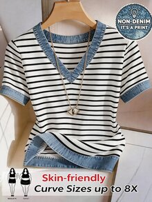 SHEIN CURVE+ Kemeja Lengan Pendek Bergaris Patchwork Efek Denim Leher V Serbaguna untuk Wanita Ukuran Plus - MultiWarna - View 1