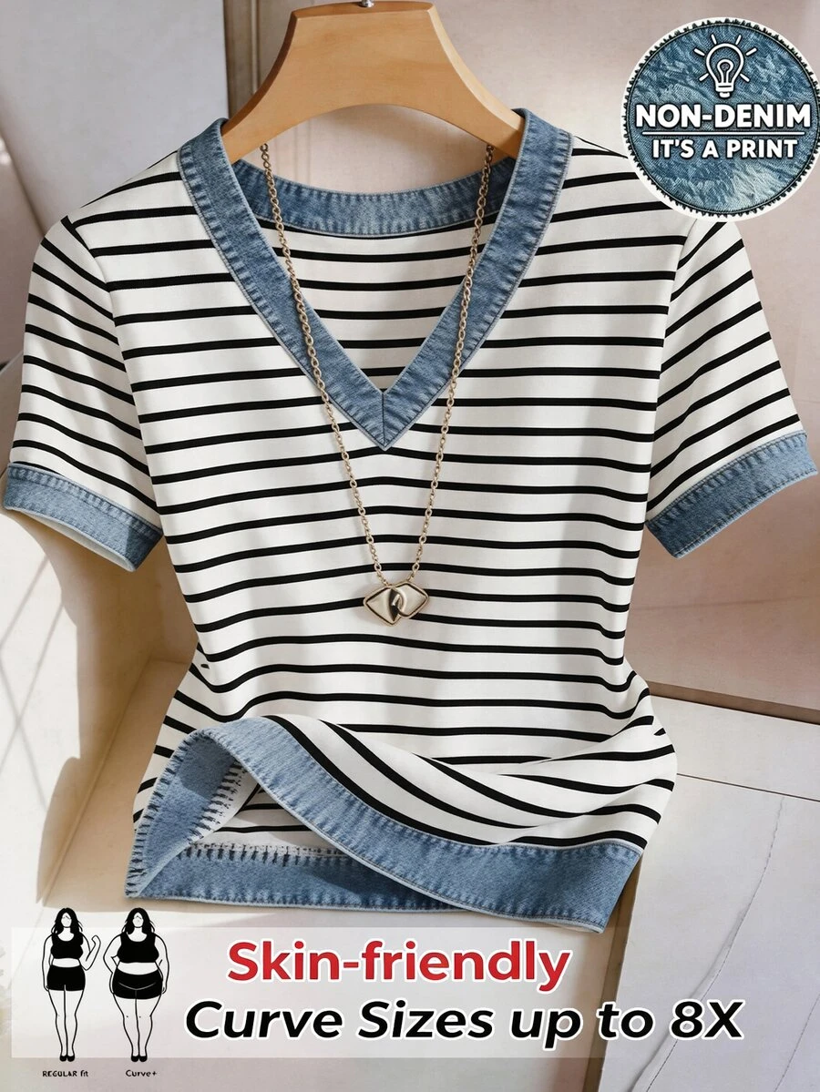 SHEIN CURVE+ Kemeja Lengan Pendek Bergaris Patchwork Efek Denim Leher V Serbaguna untuk Wanita Ukuran Plus - MultiWarna - View 1