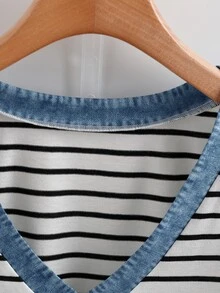 SHEIN CURVE+ Kemeja Lengan Pendek Bergaris Patchwork Efek Denim Leher V Serbaguna untuk Wanita Ukuran Plus - MultiWarna - View 5