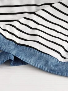 SHEIN CURVE+ Kemeja Lengan Pendek Bergaris Patchwork Efek Denim Leher V Serbaguna untuk Wanita Ukuran Plus - MultiWarna - View 4