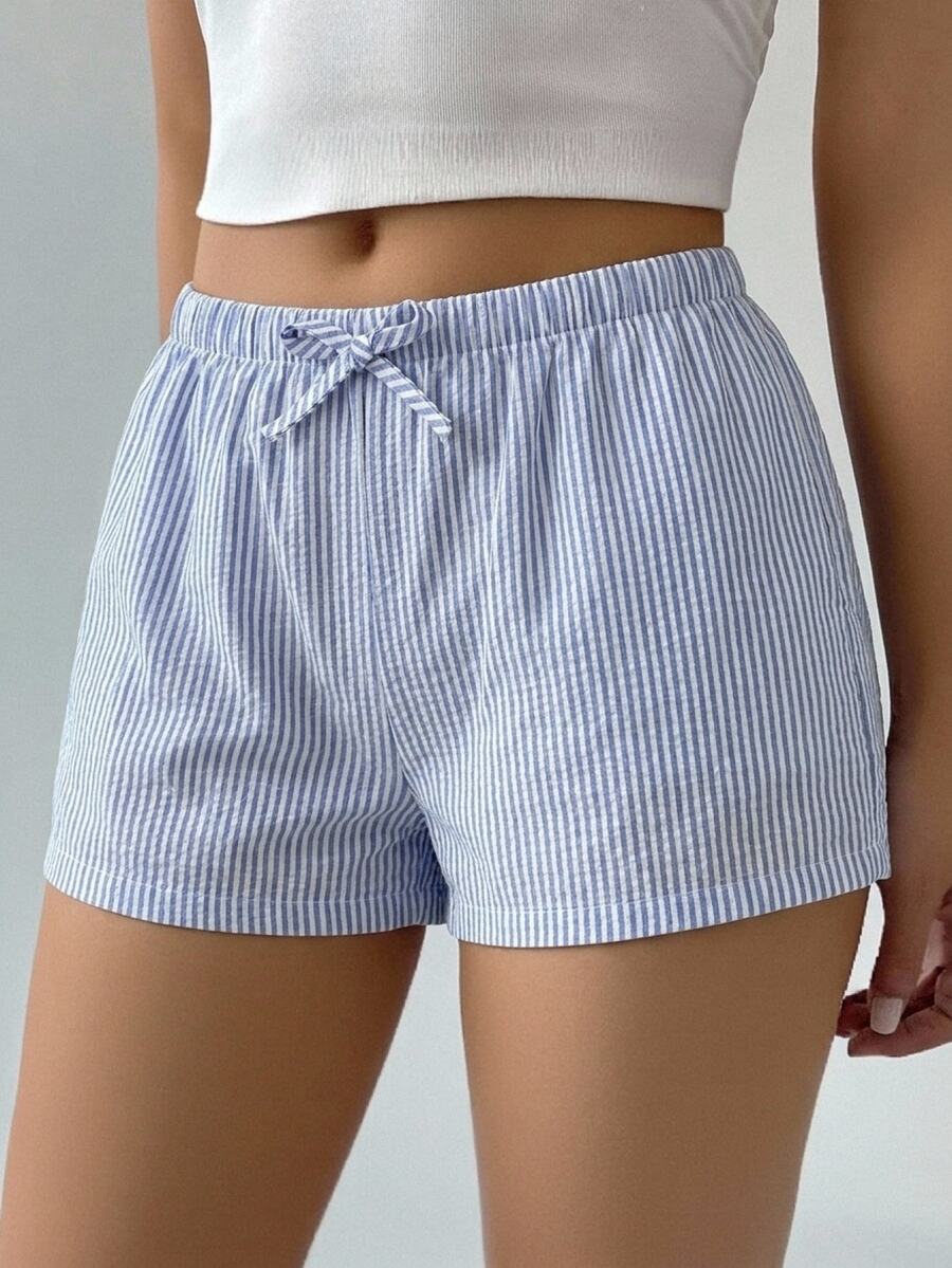 SHEIN Girlism 青少年女孩條紋低腰短褲 夏季度假海灘休閒短褲 - 藍白色 - 查看 1