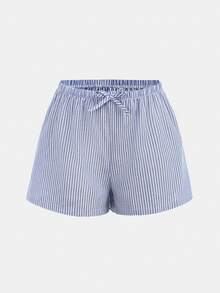 SHEIN Girlism 青少年女孩條紋低腰短褲 夏季度假海灘休閒短褲 - 藍白色 - 查看 4