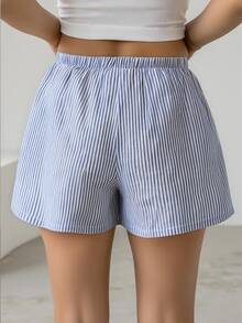 SHEIN Girlism 青少年女孩條紋低腰短褲 夏季度假海灘休閒短褲 - 藍白色 - 查看 2