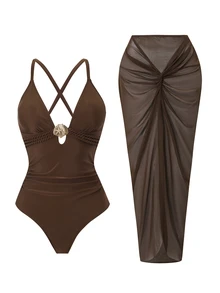 SHEIN Swim Setelan Baju Renang One-Piece Ukuran Plus dengan Rok Jala, Pakaian Renang Minimalis Gaya Eropa dan Amerika - Coklat - View 4