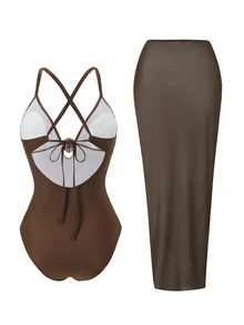 SHEIN Swim Setelan Baju Renang One-Piece Ukuran Plus dengan Rok Jala, Pakaian Renang Minimalis Gaya Eropa dan Amerika - Coklat - View 2