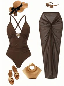 SHEIN Swim Setelan Baju Renang One-Piece Ukuran Plus dengan Rok Jala, Pakaian Renang Minimalis Gaya Eropa dan Amerika - Coklat - View 3