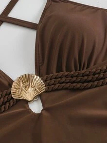 SHEIN Swim Setelan Baju Renang One-Piece Ukuran Plus dengan Rok Jala, Pakaian Renang Minimalis Gaya Eropa dan Amerika - Coklat - View 5
