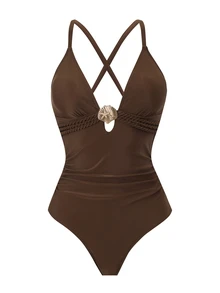 SHEIN Swim Setelan Baju Renang One-Piece Ukuran Plus dengan Rok Jala, Pakaian Renang Minimalis Gaya Eropa dan Amerika - Coklat - View 7