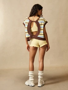 VARSIVA Backless Contrast Stripe Print Round Neck Summer Short Sleeve Sports Casual T-Shirt Gym Blue And Yellow Striped Yellow. - Multicolor - View 11