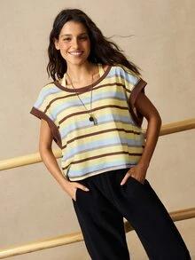 VARSIVA Backless Contrast Stripe Print Round Neck Summer Short Sleeve Sports Casual T-Shirt Gym Blue And Yellow Striped Yellow. - Multicolor - View 3